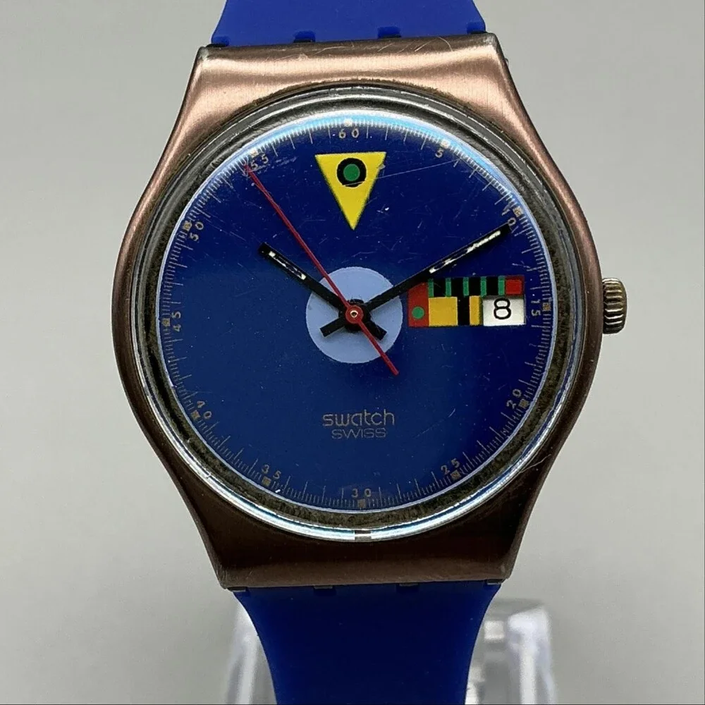 Vintage Tango Azul Swatch Mens Watch 34mm Blue Dial Silicone Date New Battery